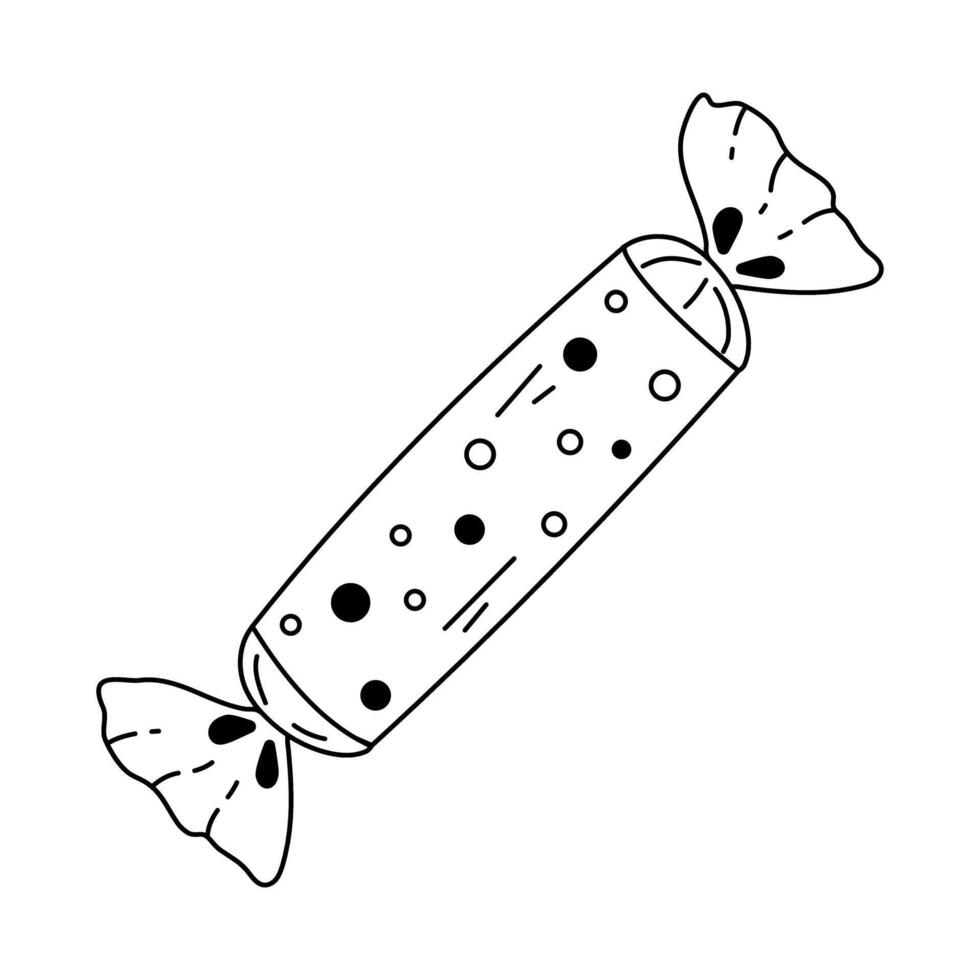 Chocolate candy black icon. Vector illustration doodle long candy in wrapper. Sweets theme. Hand drawn Design for print, pattern, postcard, post, coloring, card decorations textile, fabric.