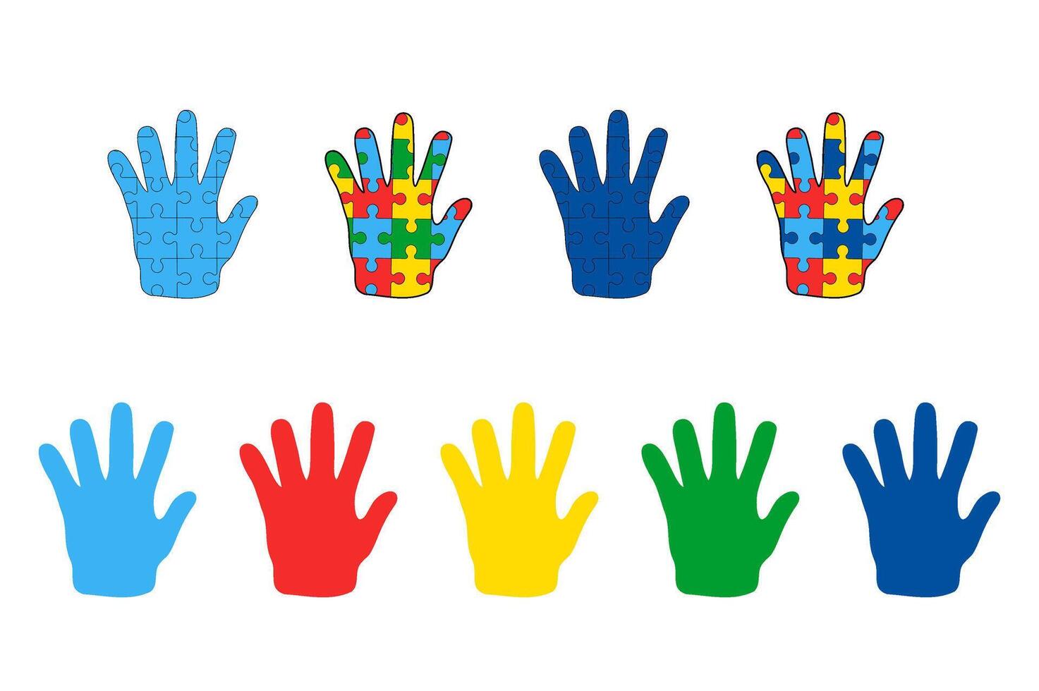 vector de colores niños palmas, palma hecho desde rompecabezas piezas. autismo día conciencia, niños mano. diseño para tarjeta, póster, calas, textil, tela, regalo papel.