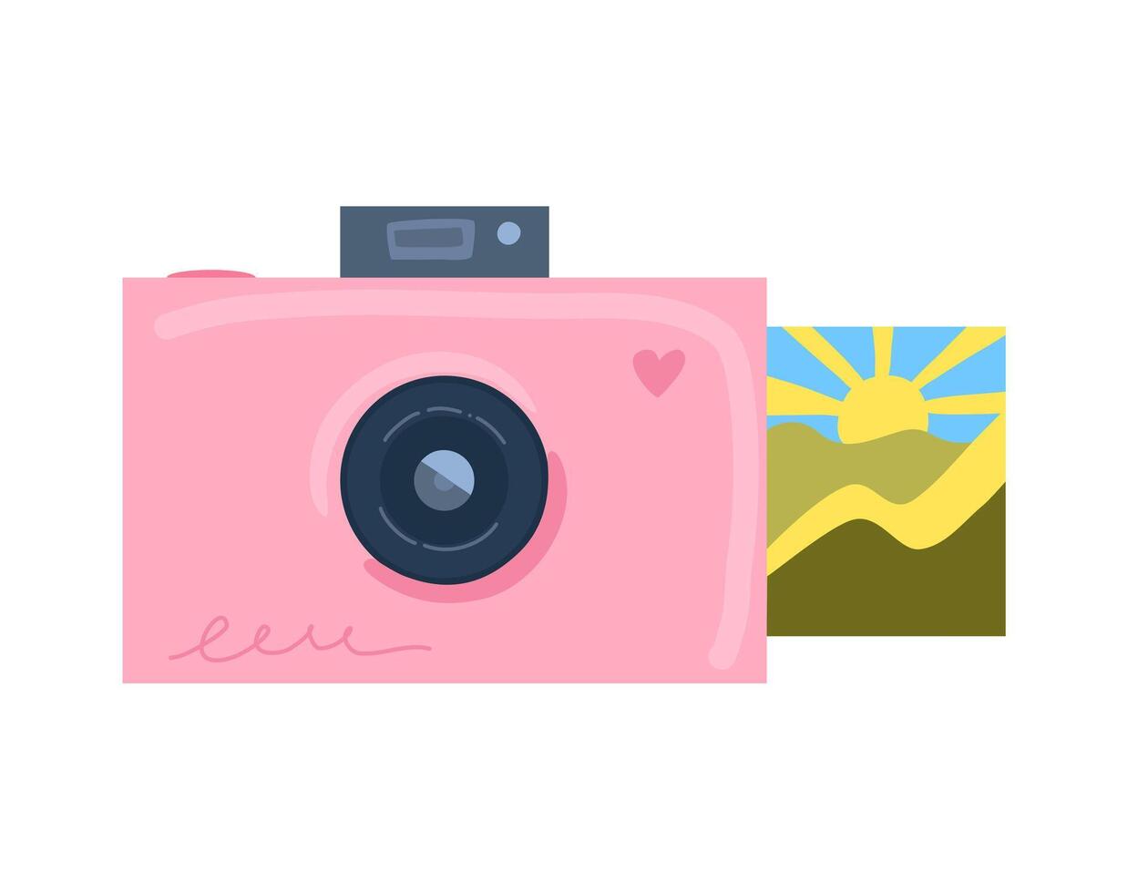 a cute pink instant camera from which a photo of a beautiful landscape crawls out vector