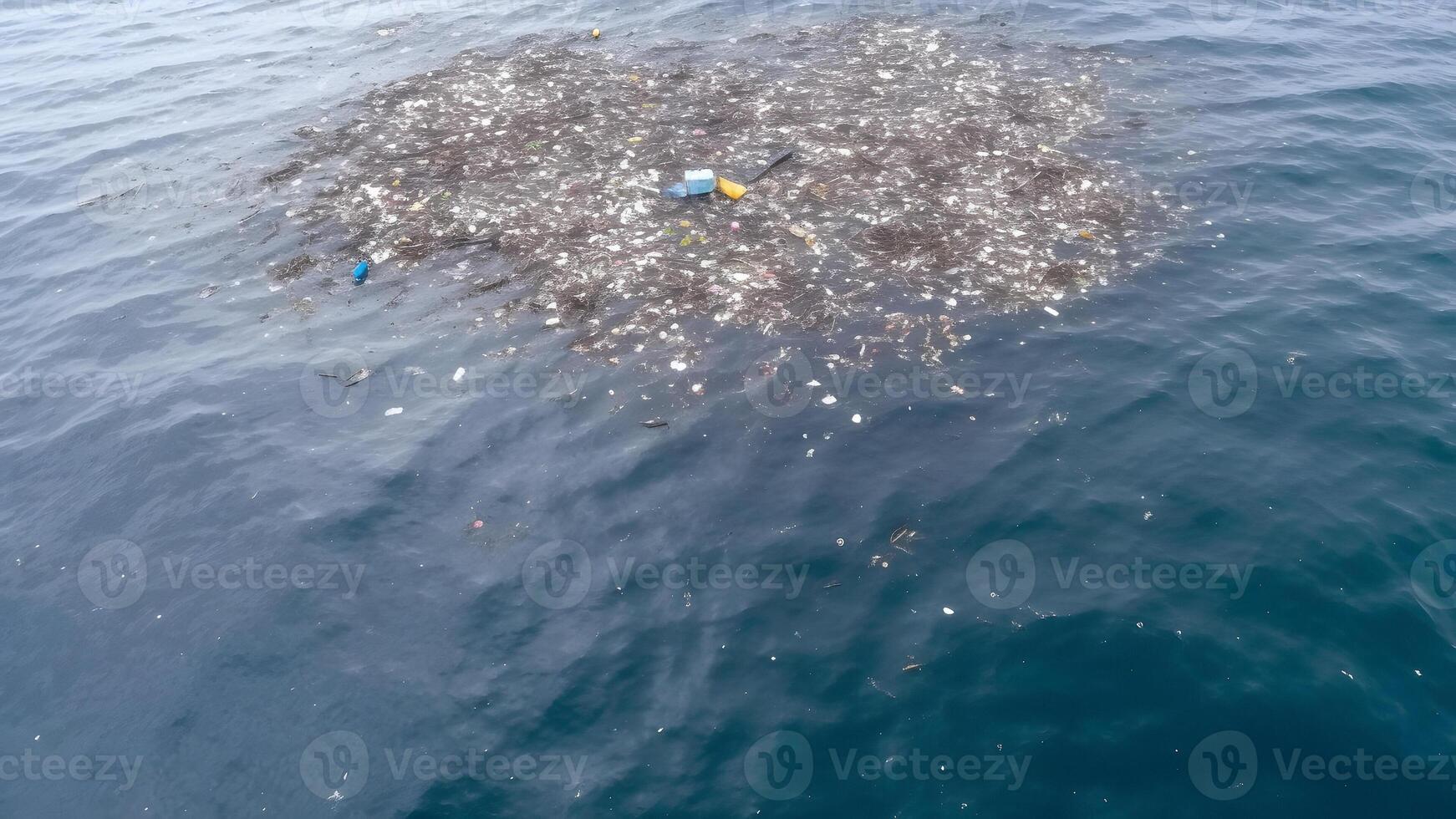 AI generated plastic garbage floating on ocean surface at daylight, neural network generated image photo