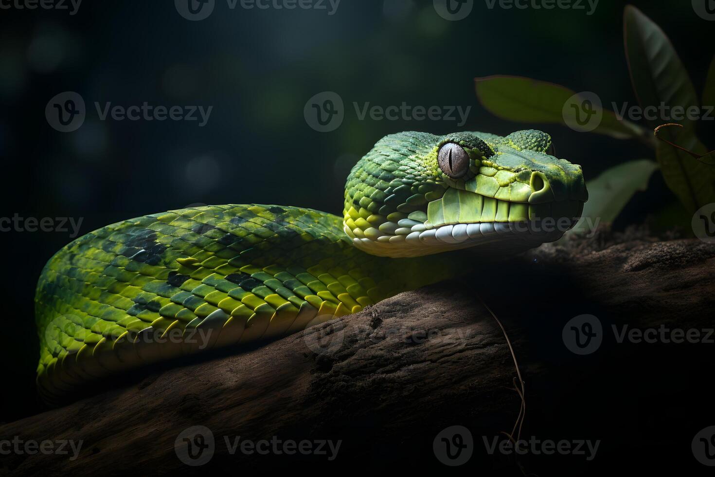 AI generated Bush Viper snake on moss covered fallen wood, neural network generated photorealistic image photo