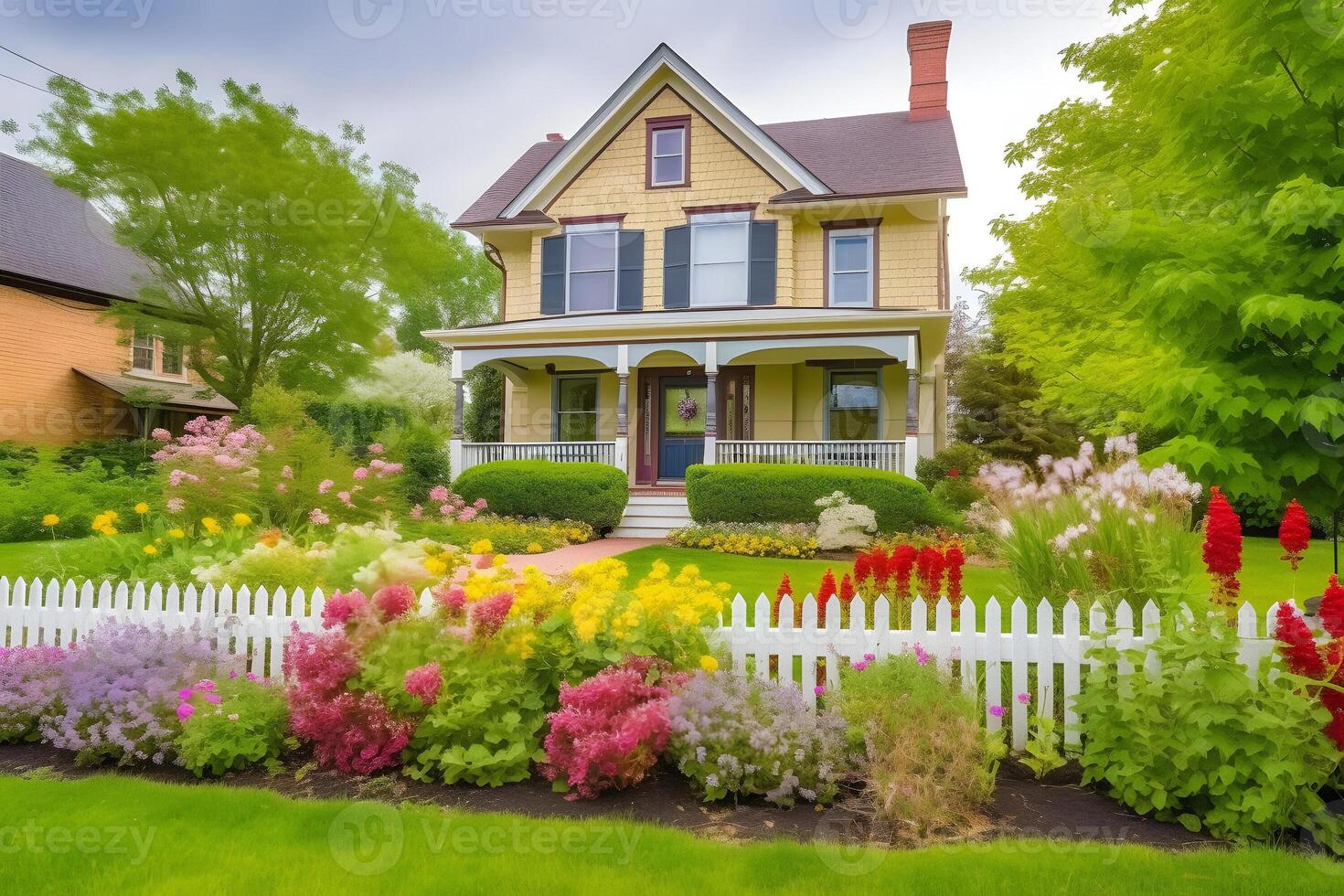 AI generated classic two-storey house with flower garden at sunny summer day - american dream style, neural network generated image photo