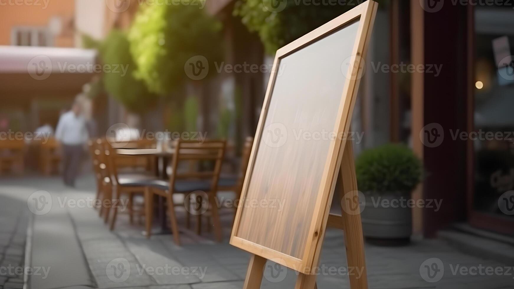 AI generated Blank restaurant shop sign or menu board near the entrance of street cafe, neural network generated image photo