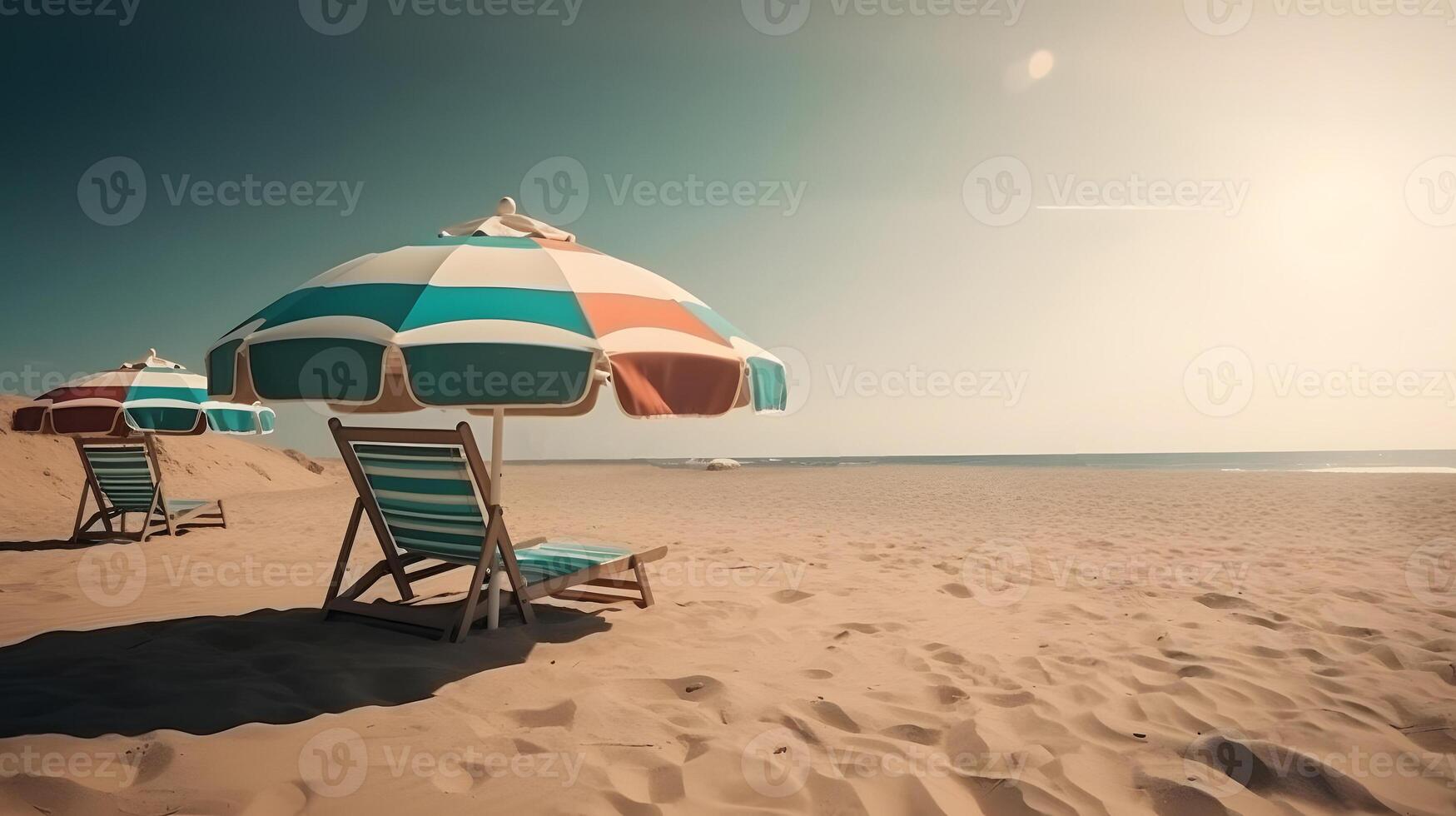 ai generado playa paraguas con sillas en el arena playa - verano vacaciones tema encabezamiento, neural red generado Arte foto