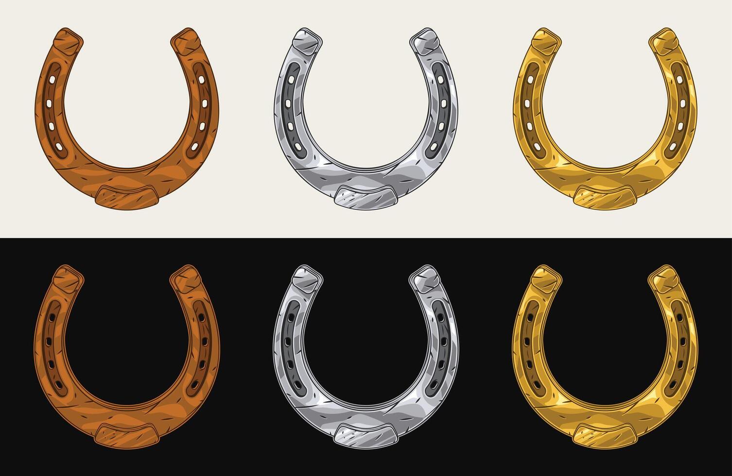 Set of metal turned upside horseshoes in vintage style. Golden, steel, rusty objects. Talisman, amulet, symbol of good luck, wealth, success. vector