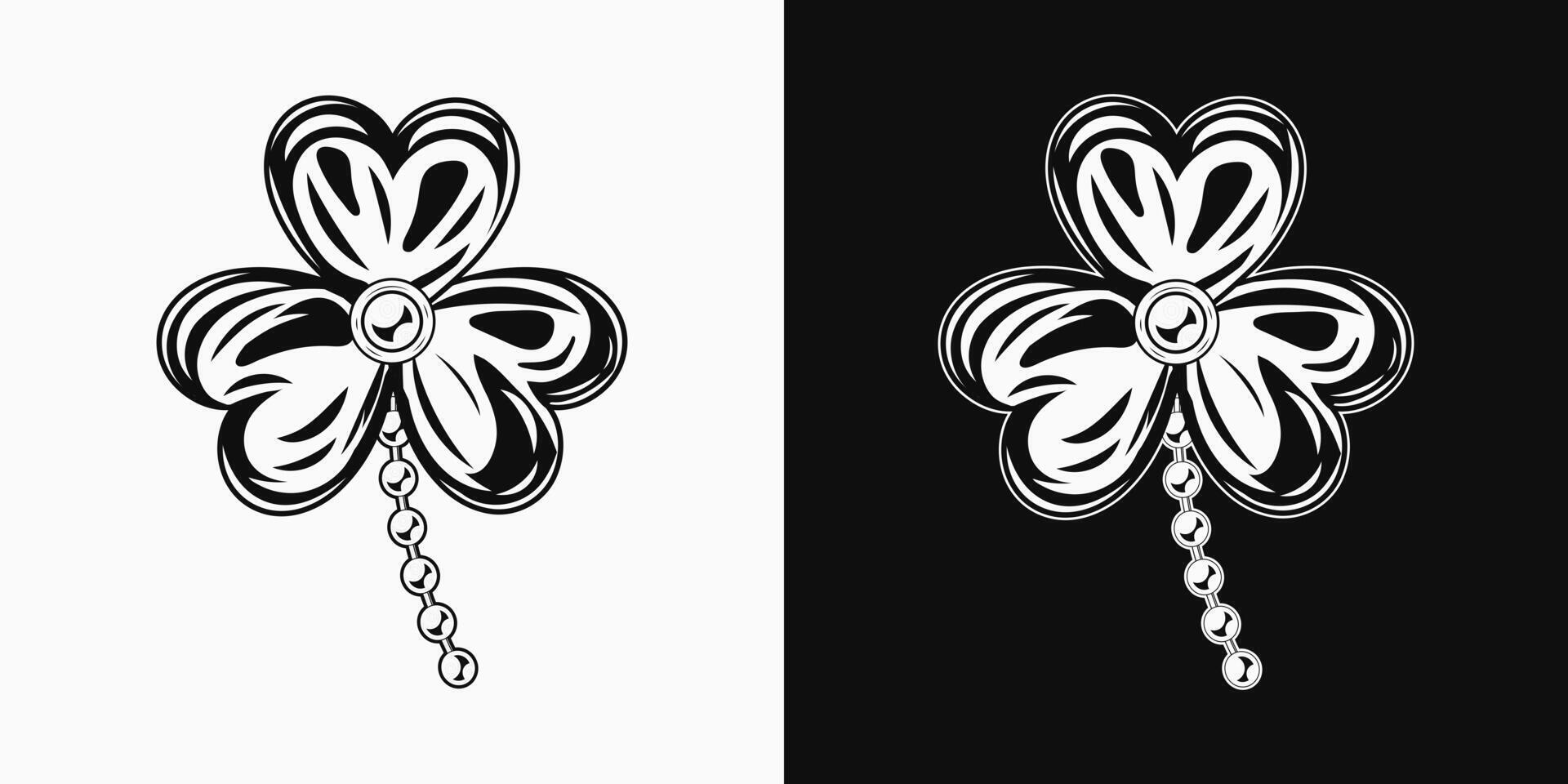 Trefoil like jewelry brooch, charm. Clover, shamrock with 3 leaves. St Patrick's Day decoration. Monochrome black and white illustration. Vintage style vector