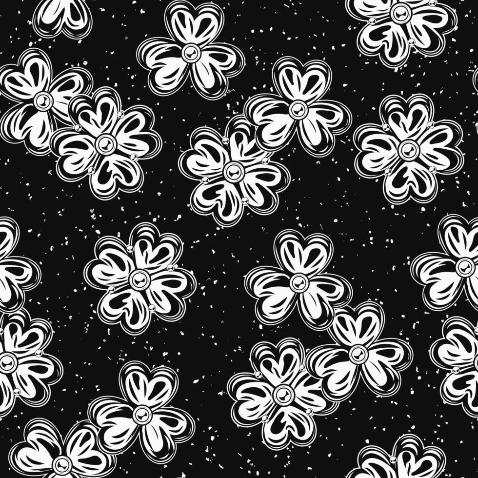 St Patricks day seamless pattern with scattered clover, trefoil, lucky 4 leaves shamrock on textured black background. Vintage illustration for prints, textile, surface design vector