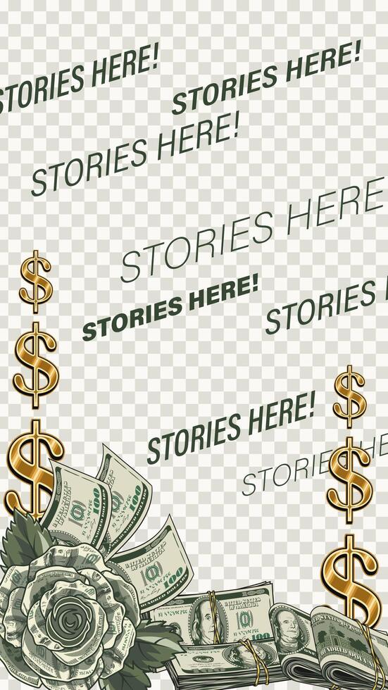 Vertical stories template with heap of money. Pile of 100 dollar bills, stacks, wads, gold dollar sign. Social media story size. Layout for advertisement with copy space. Detailed illustration vector
