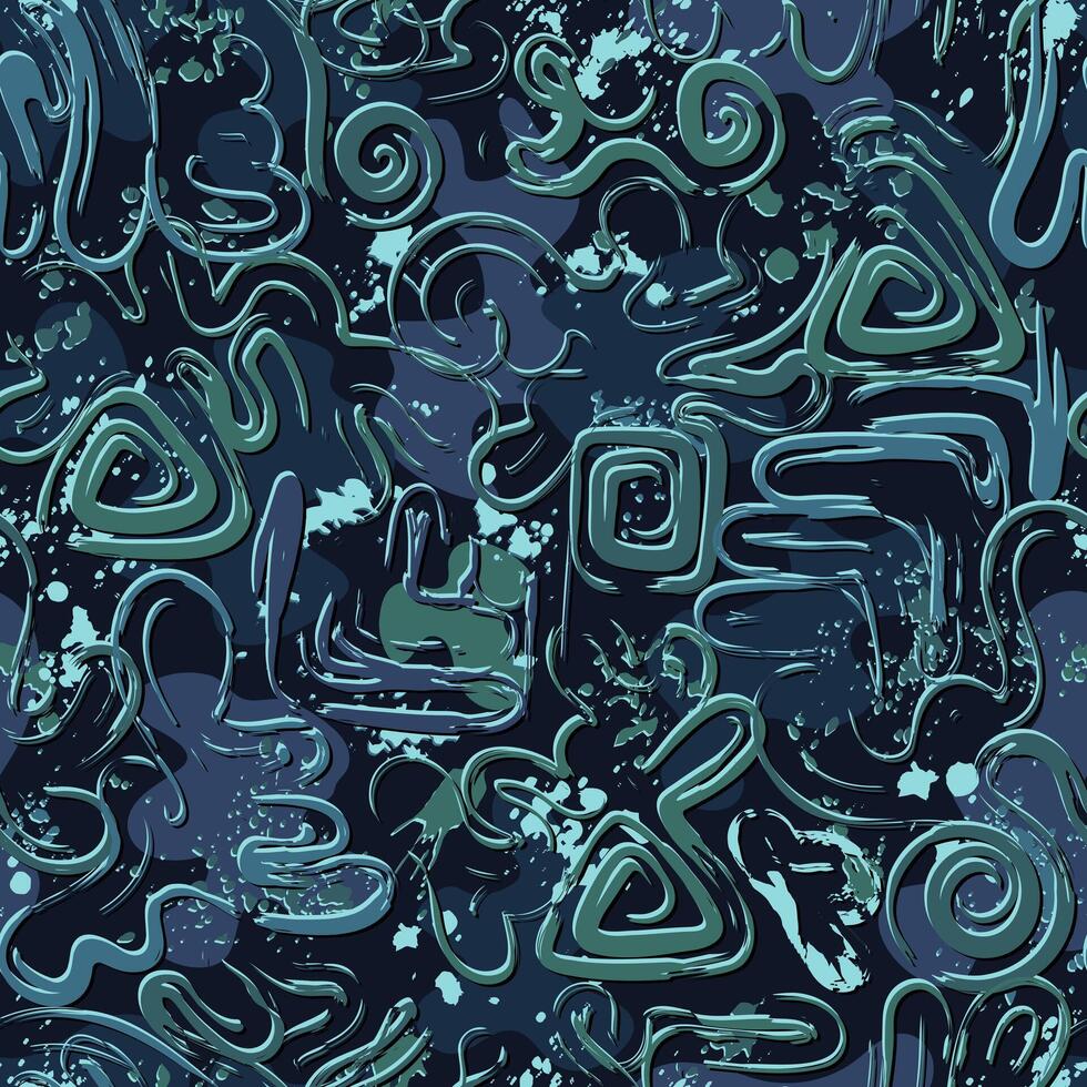 Seamless blue camouflage pattern with abstract wavy shapes, swirls, twirls, paint brush strokes, blots, spattered paint. Dense random composition. Grunge texture vector