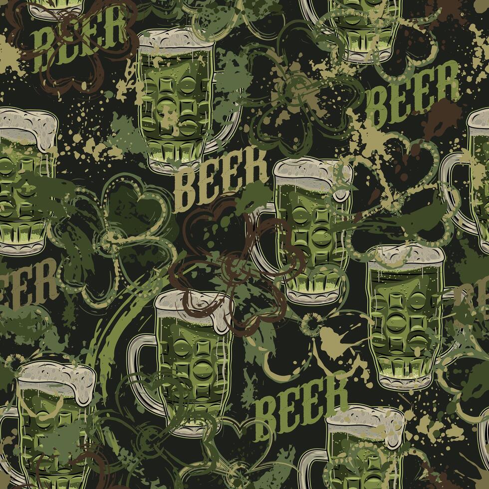 Green grunge camouflage pattern with beer, abstract paint splatter, smudges., brushstrokes, blots. Random chaotic composition for Patricks Day. Good for apparel, clothing, fabric, textile, sport goods vector