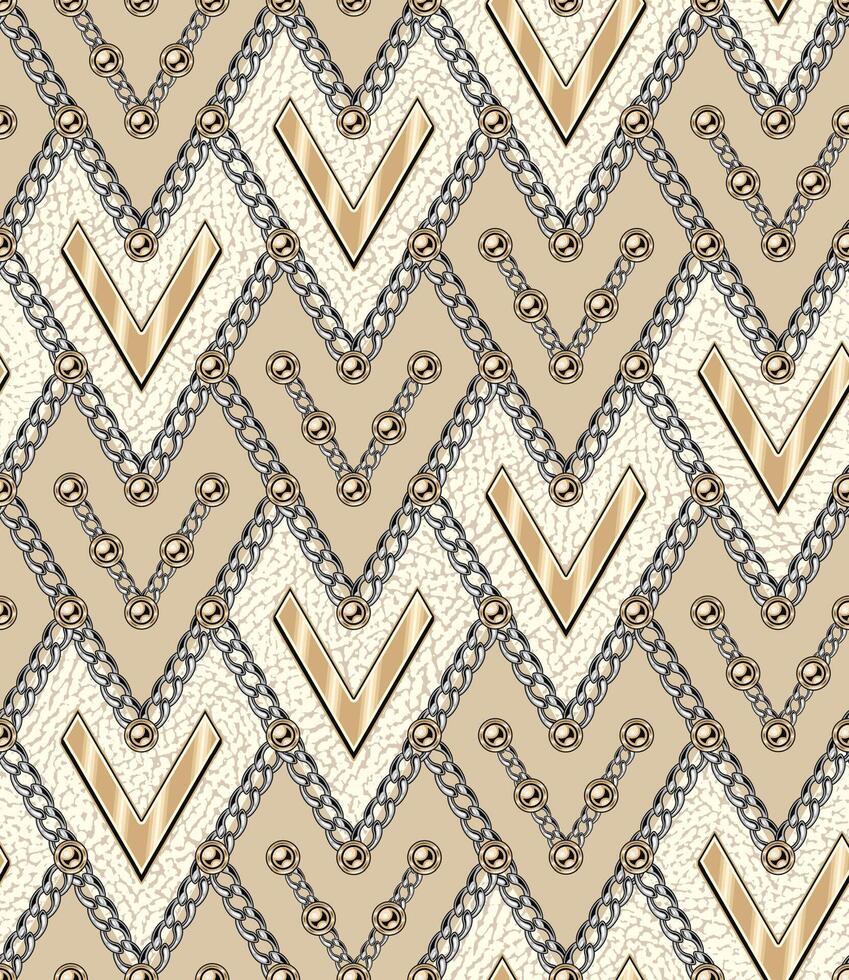 Seamless vintage diagonal pattern with gold chains, beads. Geometric rhombus grid like a squama, shingles. Textured cells. Classic background. Vector illustration