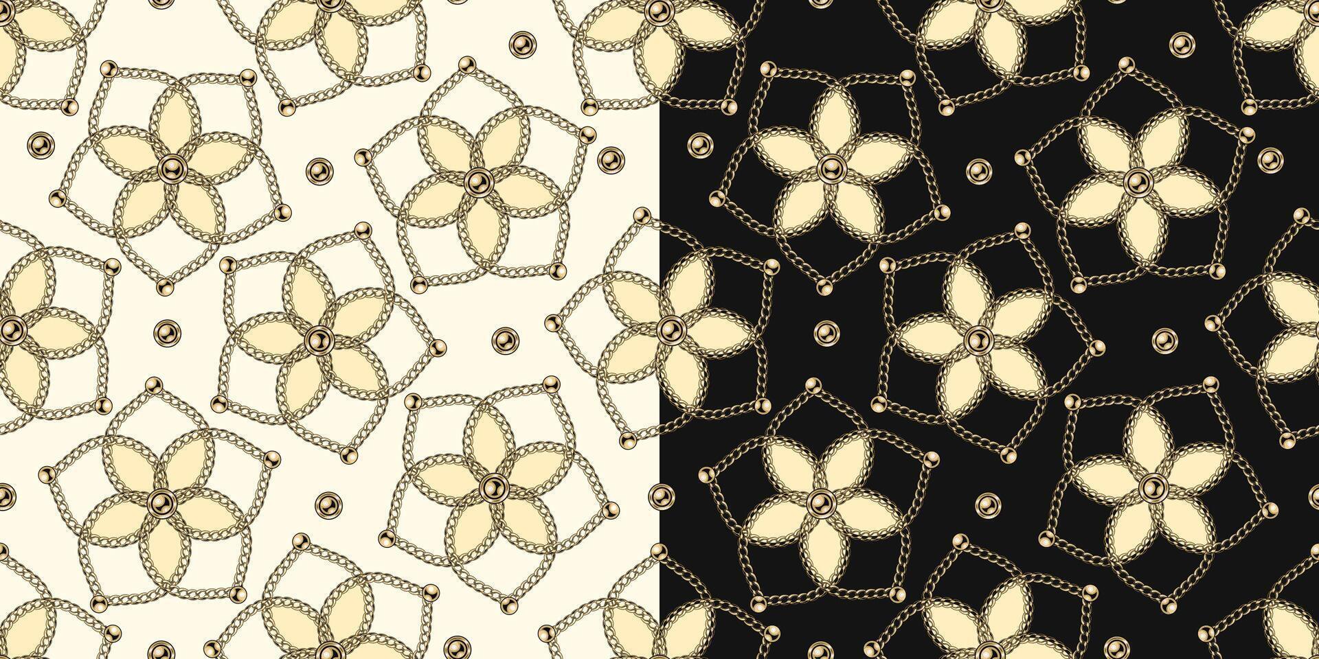 Set of patterns with japan style flowers. Flower shaped geometric forms with realistic gold chains, beads. Vector illustration in vintage style