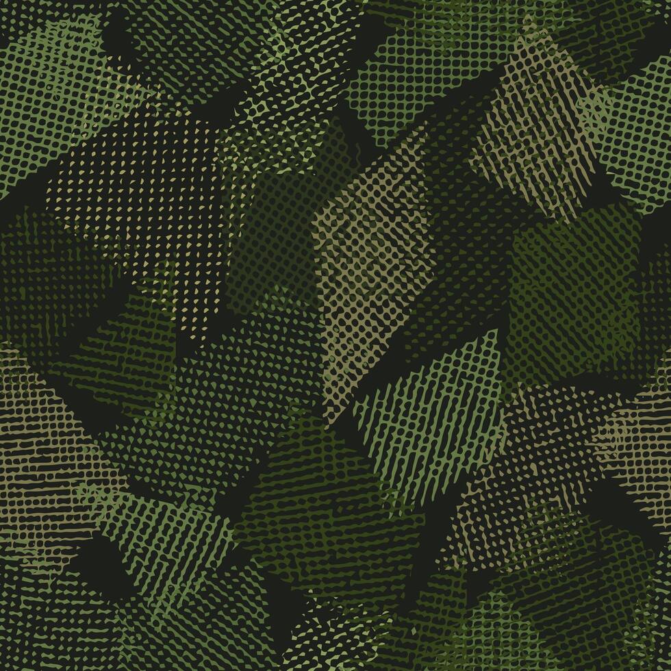 Seamless khaki green camouflage pattern with random scattered overlapping tulle pieces, patches. Mesh structure. Random composition. For apparel, fabric, textile, sport goods Grunge texture vector