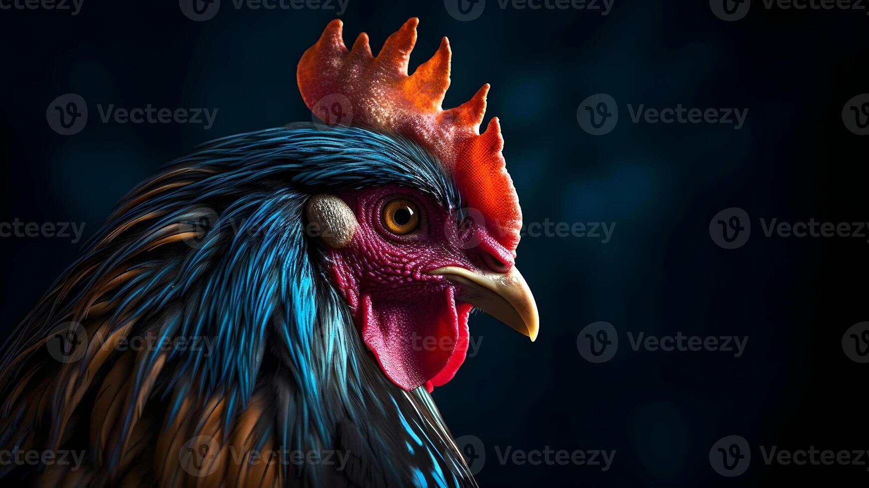 AI generated gorgeous colorful rooster close portrait on black background, neural network generated photorealistic image photo