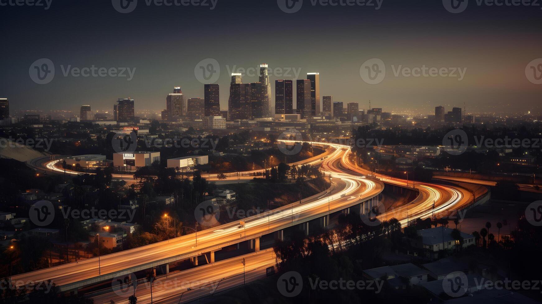 AI generated night cityscape skyline view of downtown Los Angeles style western city, neural network generated photorealistic image photo