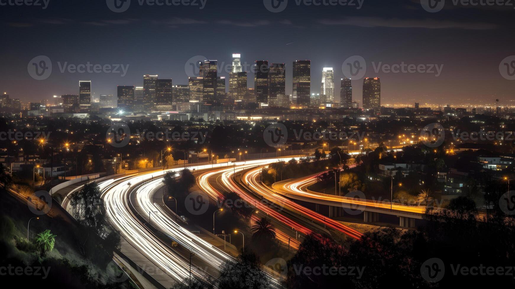 AI generated night cityscape skyline view of downtown Los Angeles style western city, neural network generated photorealistic image photo