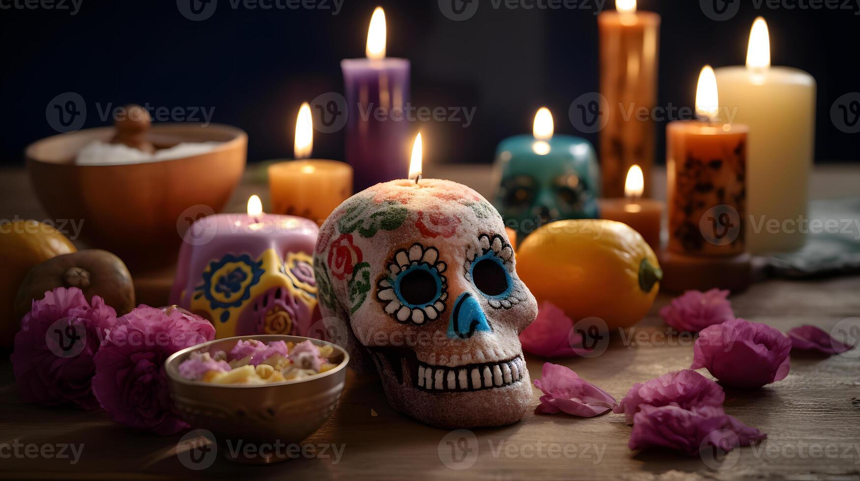 AI generated ornate sugar scull with candles and flowers for Dia de los muertos or day of the dead celebration, neural network generated image photo