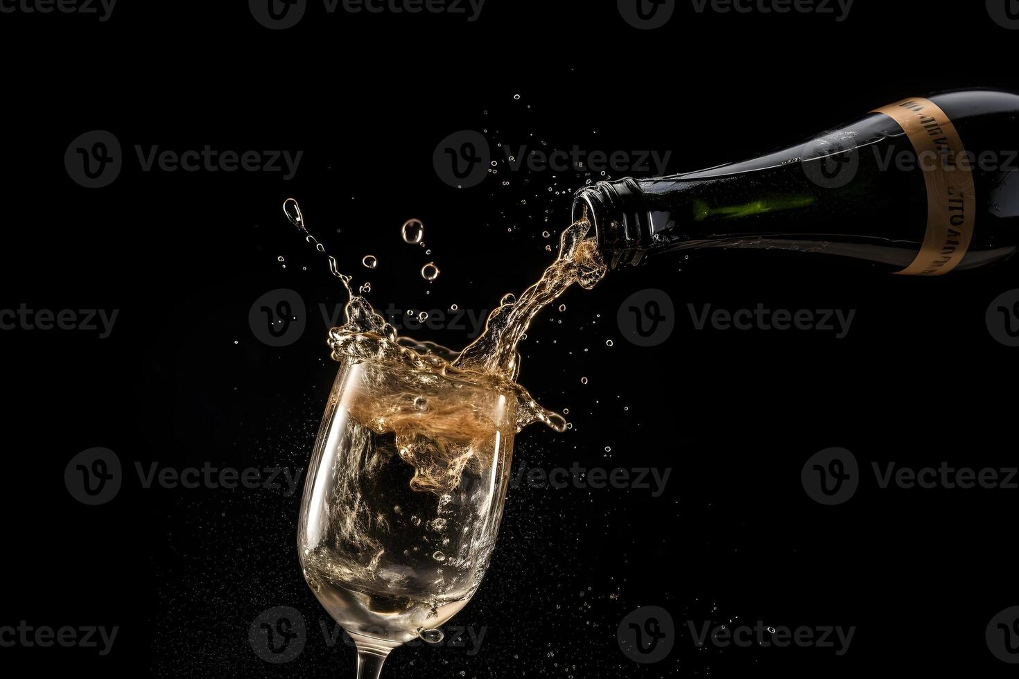 ai generado celebracion tema con salpicaduras champán en relleno Copa de vino con botella en negro fondo, neural red generado fotorrealista imagen foto