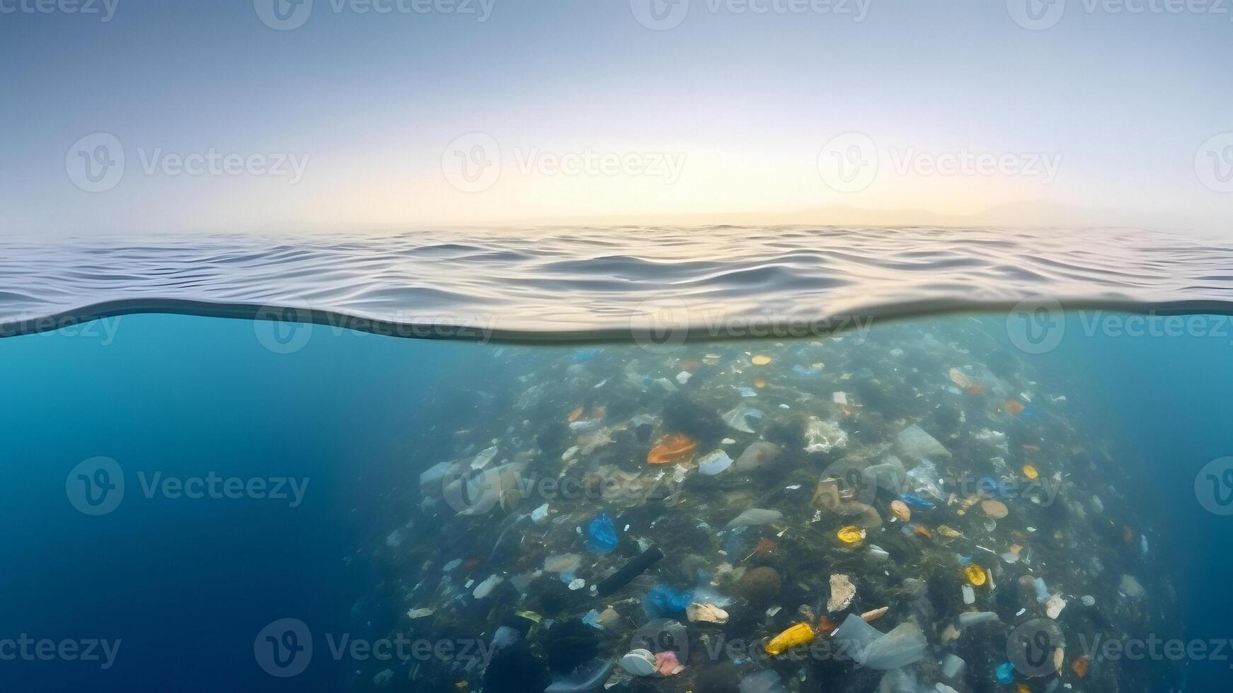 AI generated plastic garbage floating on ocean surface at daylight, neural network generated image photo
