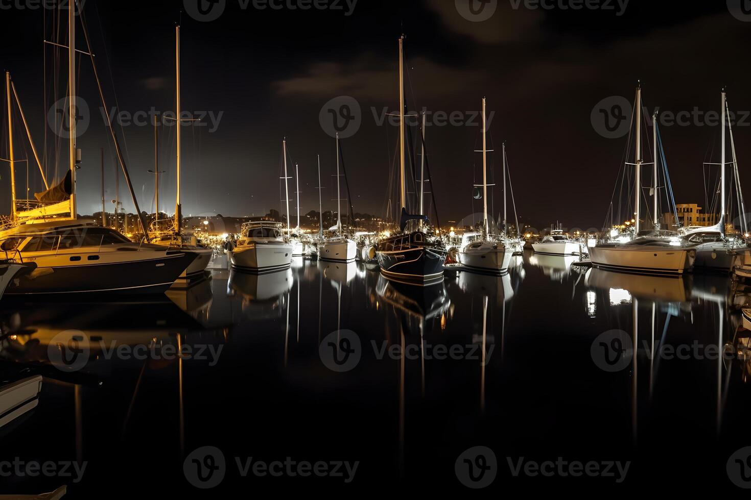 AI generated Boats in the harbor at night, neural network generated image photo