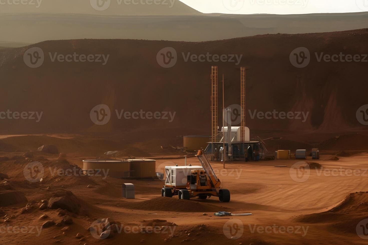 AI generated construction site on Mars planet surface, neural network generated photorealistic image photo