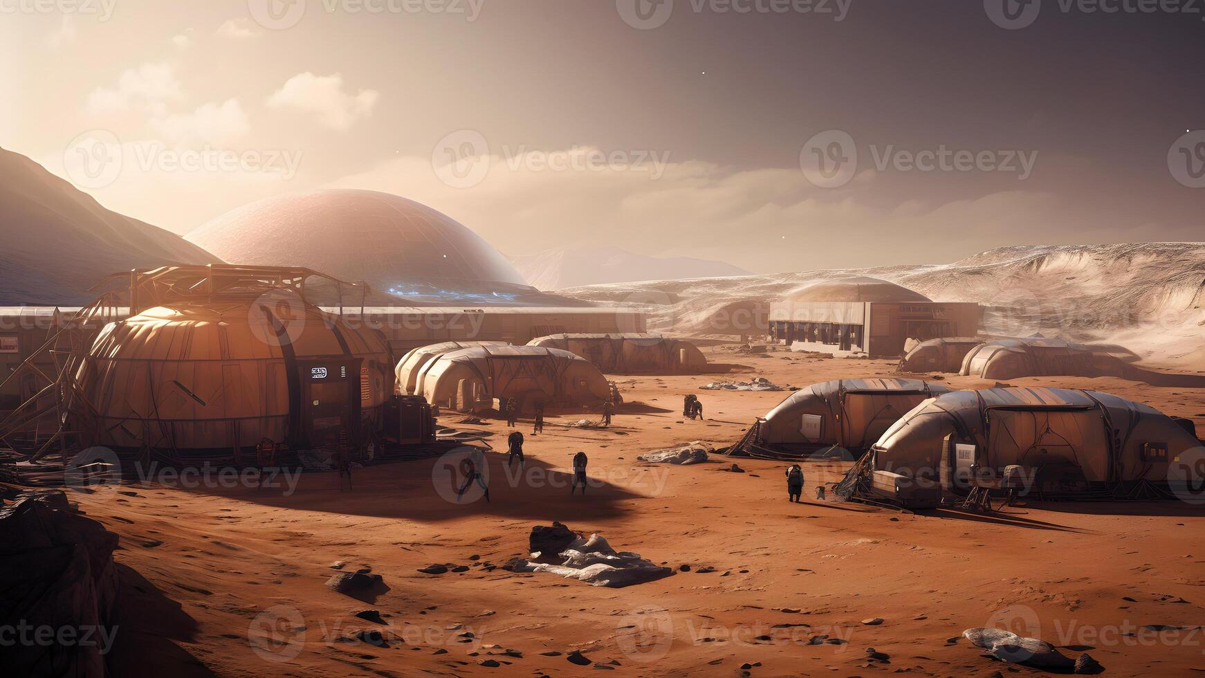 AI generated first human colony on Mars, neural network generated image photo