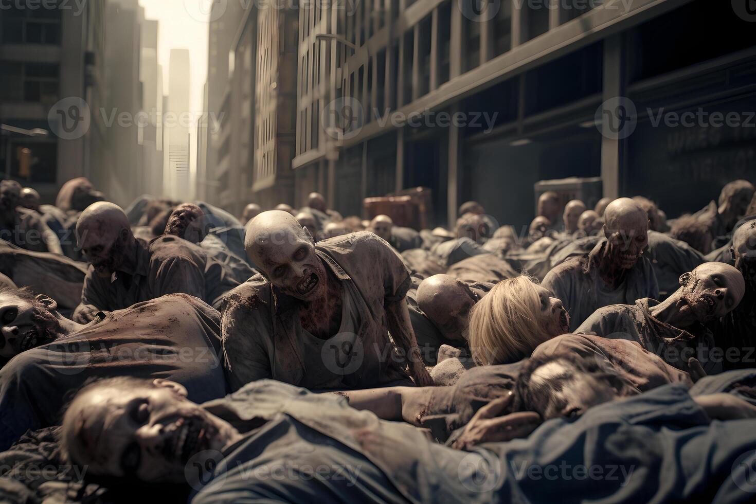 ai generado zombi horda dormido en un ciudad calle a día tiempo, neural red generado fotorrealista imagen foto