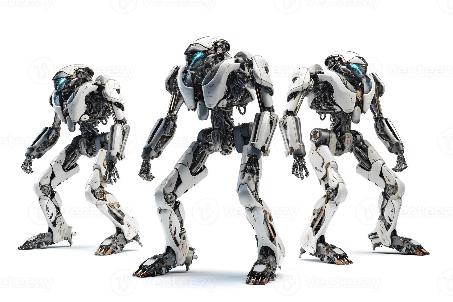 AI generated group of three futuristic high-tech humanoid anthropomorphic robots on white background, neural network generated image photo