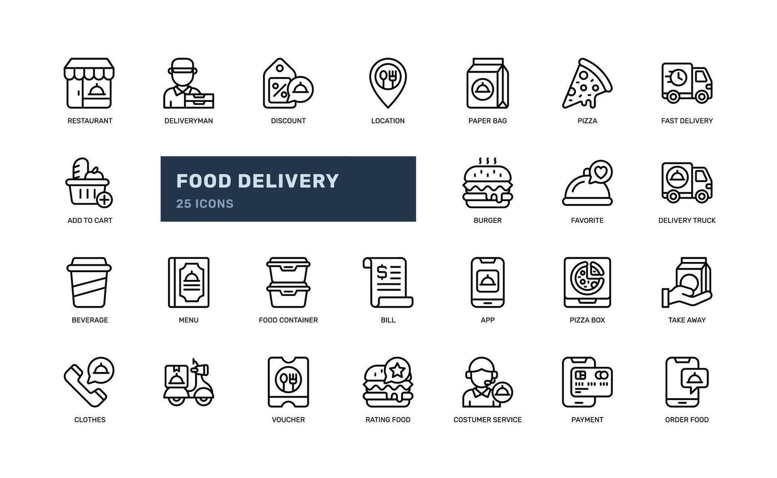 Food Delivery restaurant fast food service detailed outline line icon set vector