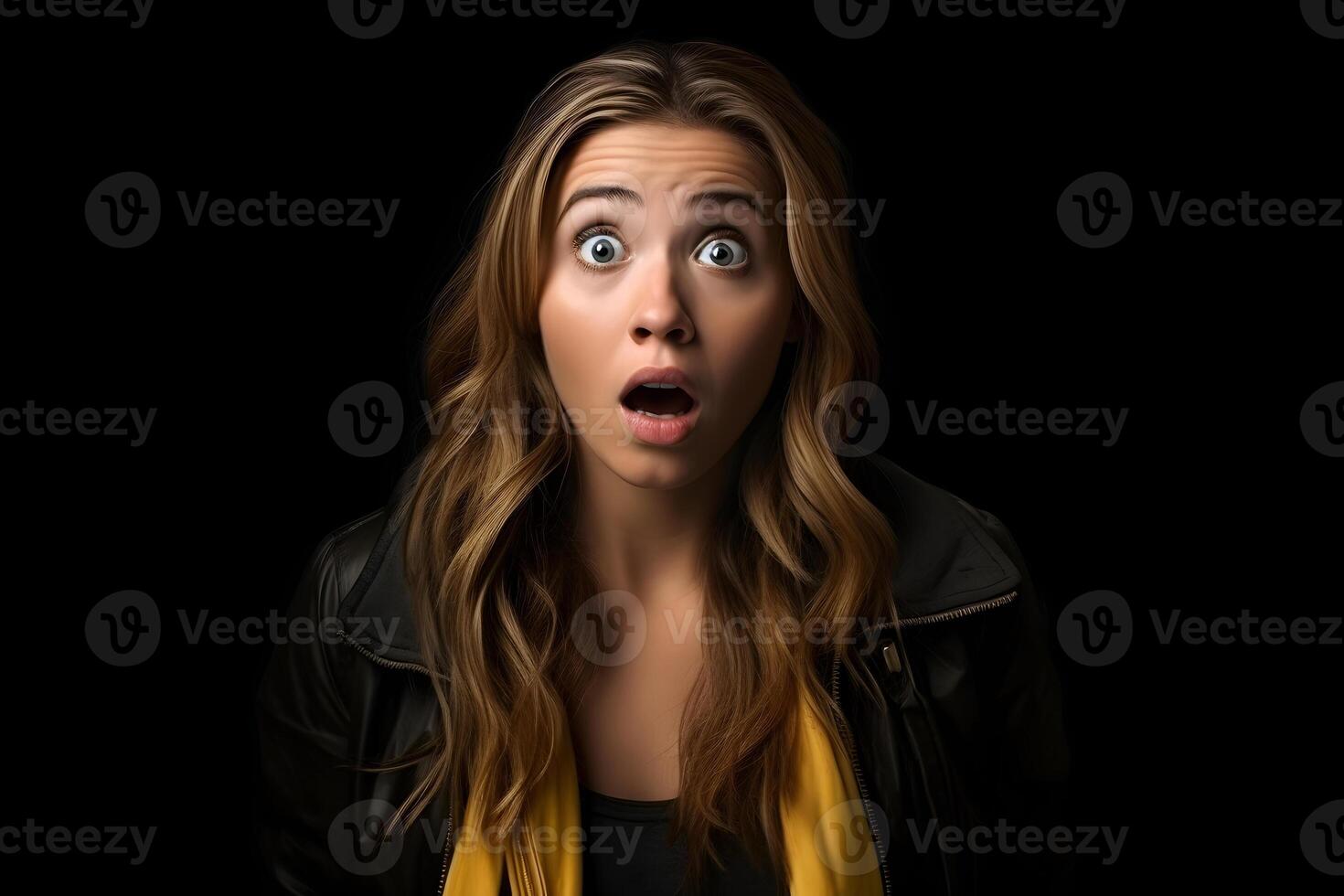 Surprised Caucasian young adult woman on black background. Neural network generated photorealistic image. photo