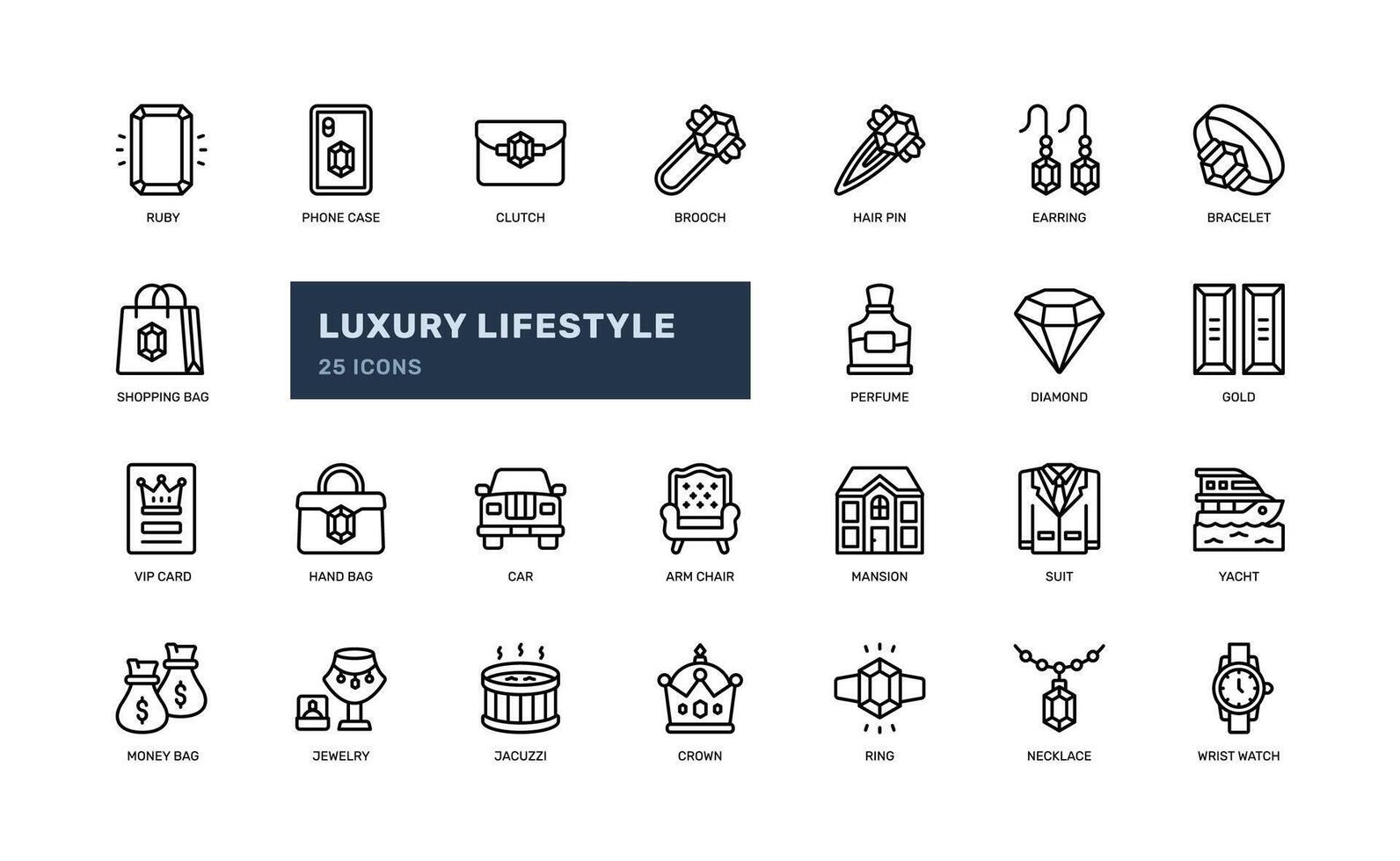 luxury lifestyle wealth rich jewelry gemstone detailed outline line icon set vector