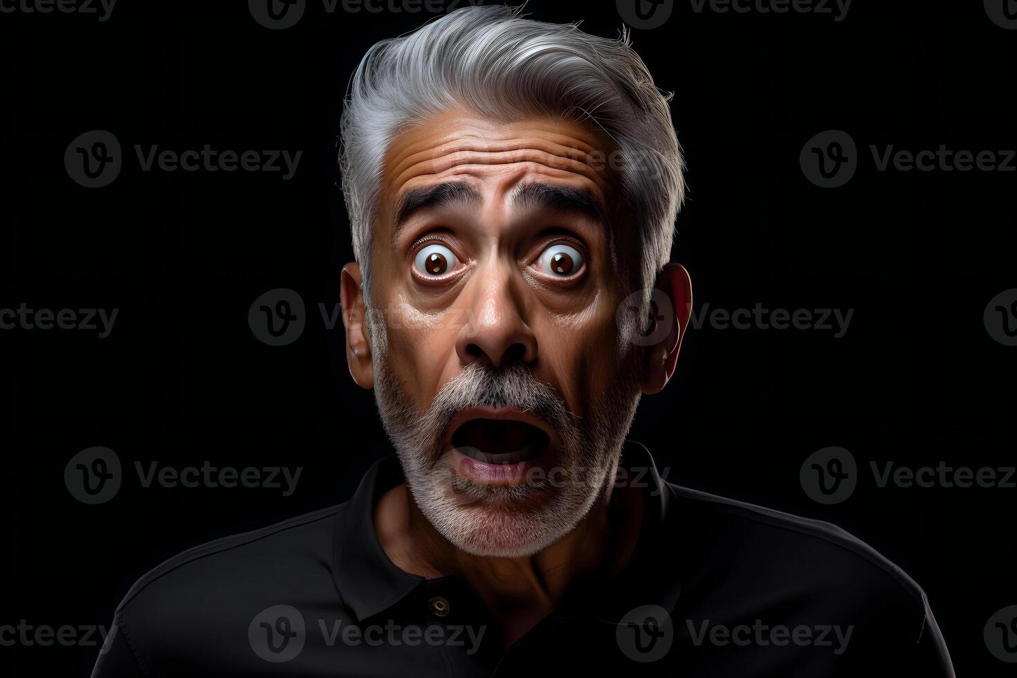 Surprised senior Latin American man on black background. Neural network generated photorealistic image. photo