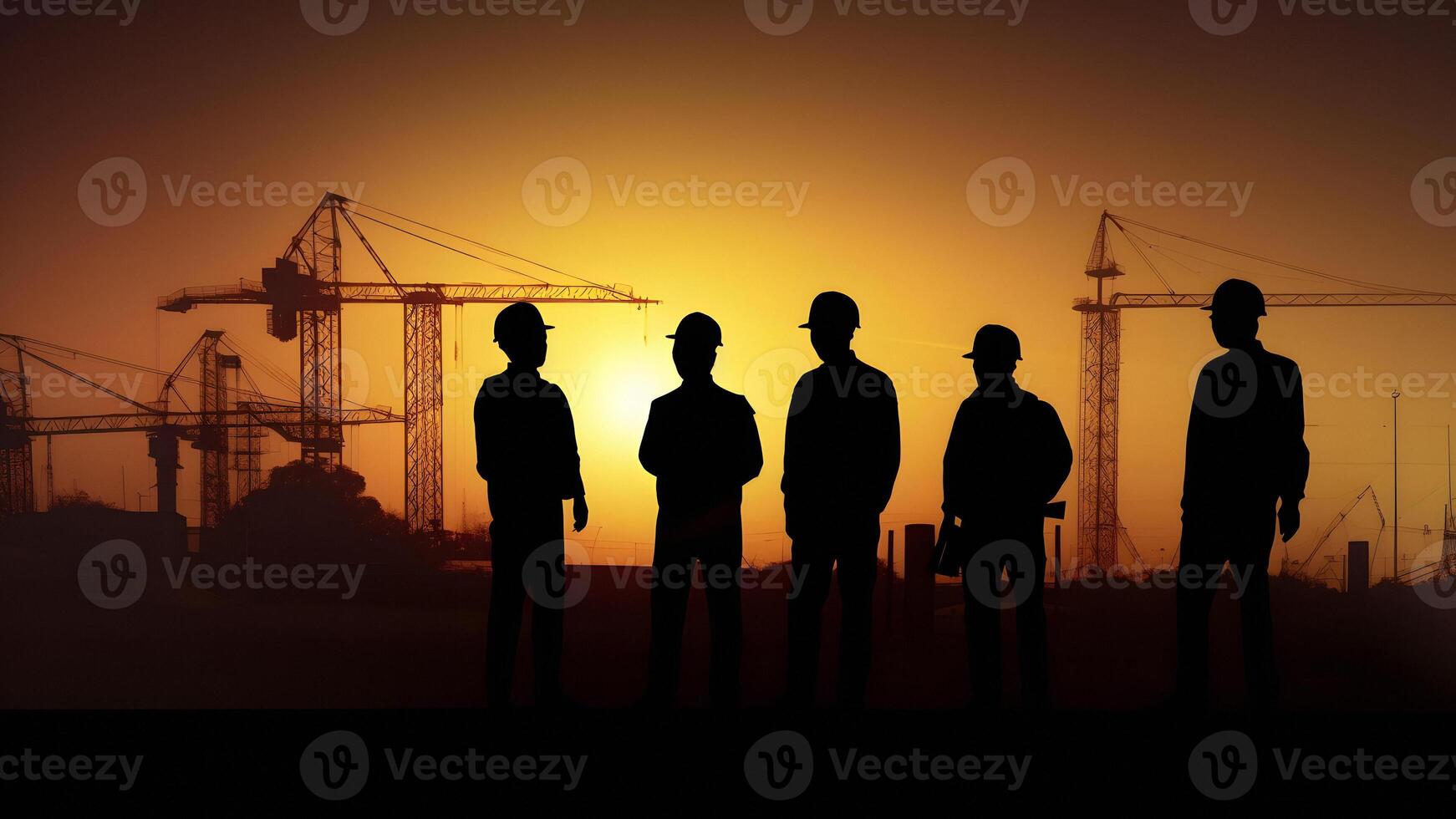 AI generated Silhouettes of engineer and construction team working at sunrise or sunset, neural network generated image photo