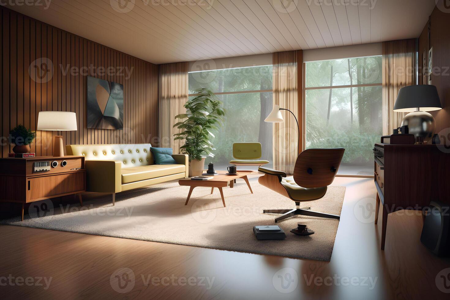 AI generated photorealistic mid century interior with sunlight from windows at summer day, neural network generated photorealistic image photo