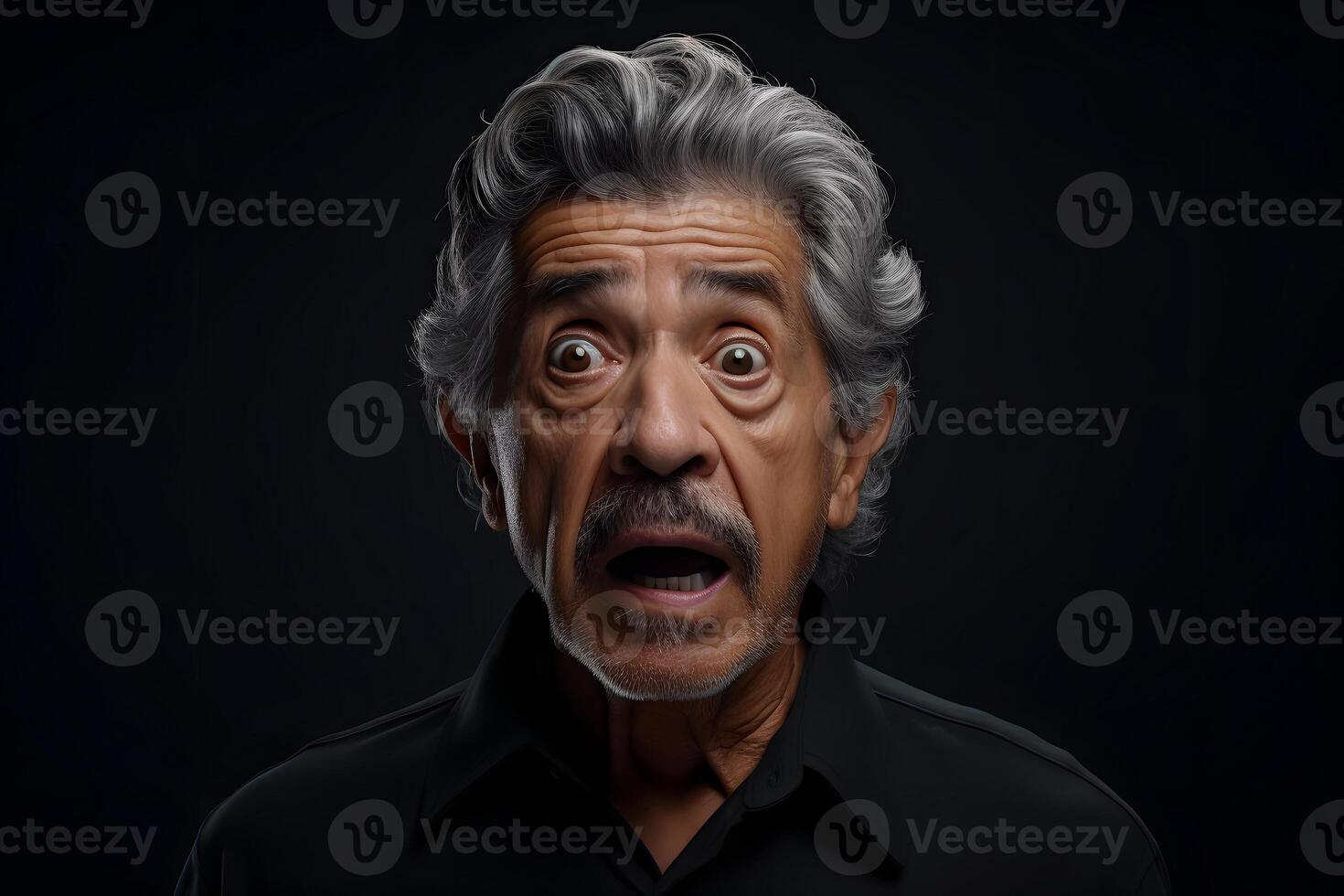 Surprised senior Latin American man on black background. Neural network generated photorealistic image. photo