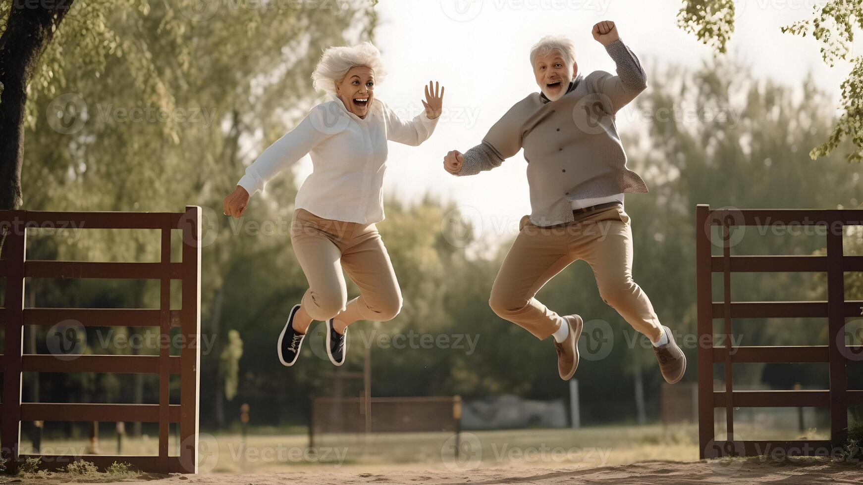 AI generated Happy senior couple jumping in the park at autumn day, neural network generated image photo