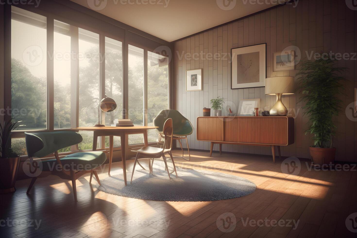 AI generated photorealistic mid century interior with sunlight from windows at summer day, neural network generated photorealistic image photo