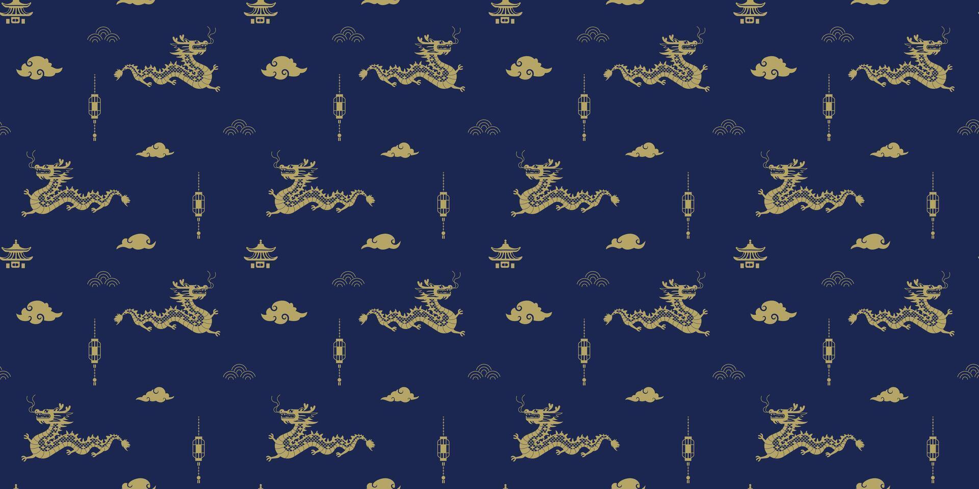 Seamless Pattern with Symbol of the Lunar New Year 2024 in geometric style on a dark blue background. Design for background, banners and posters. Vector Illustration