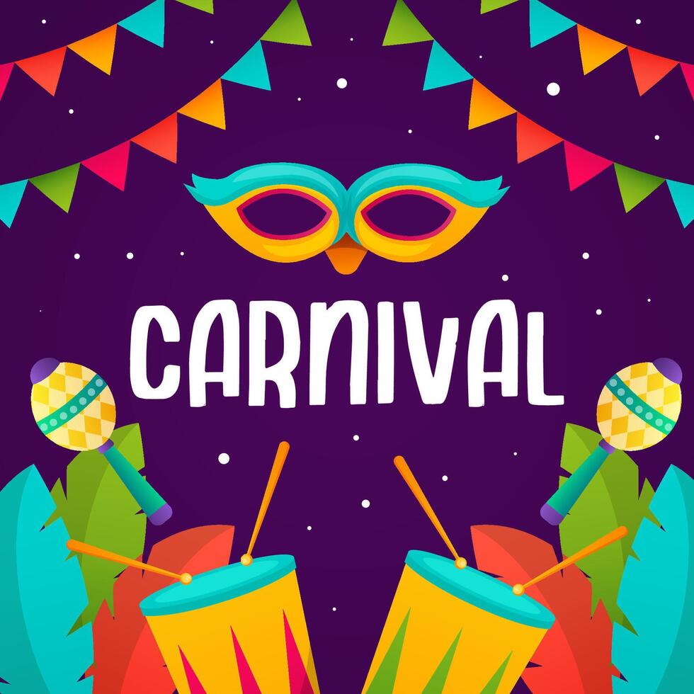 gradient carnival illustration vector design with mask, leaves, and traditional music instrument