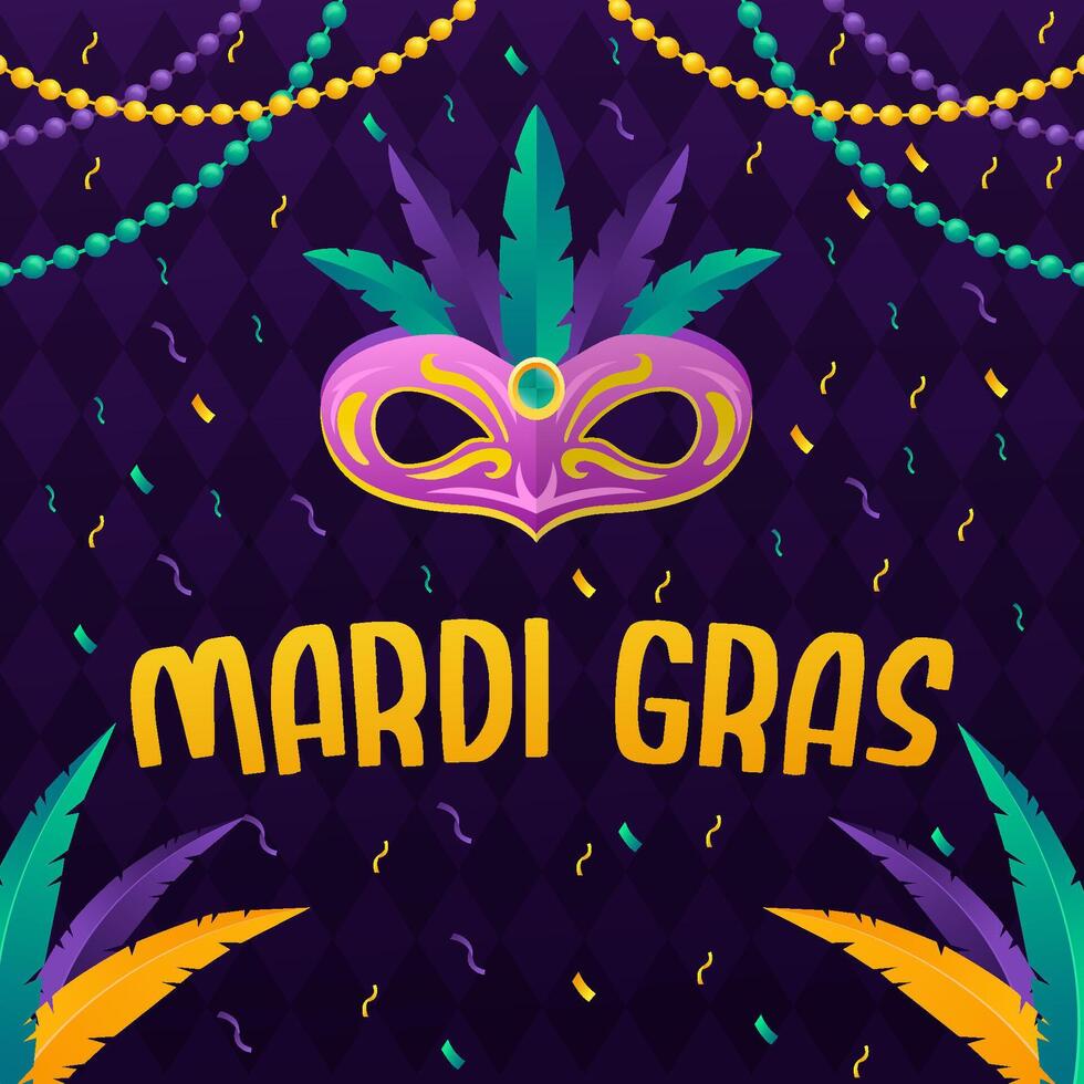 gradient mardi gras illustration with mask, confetti, and beads vector