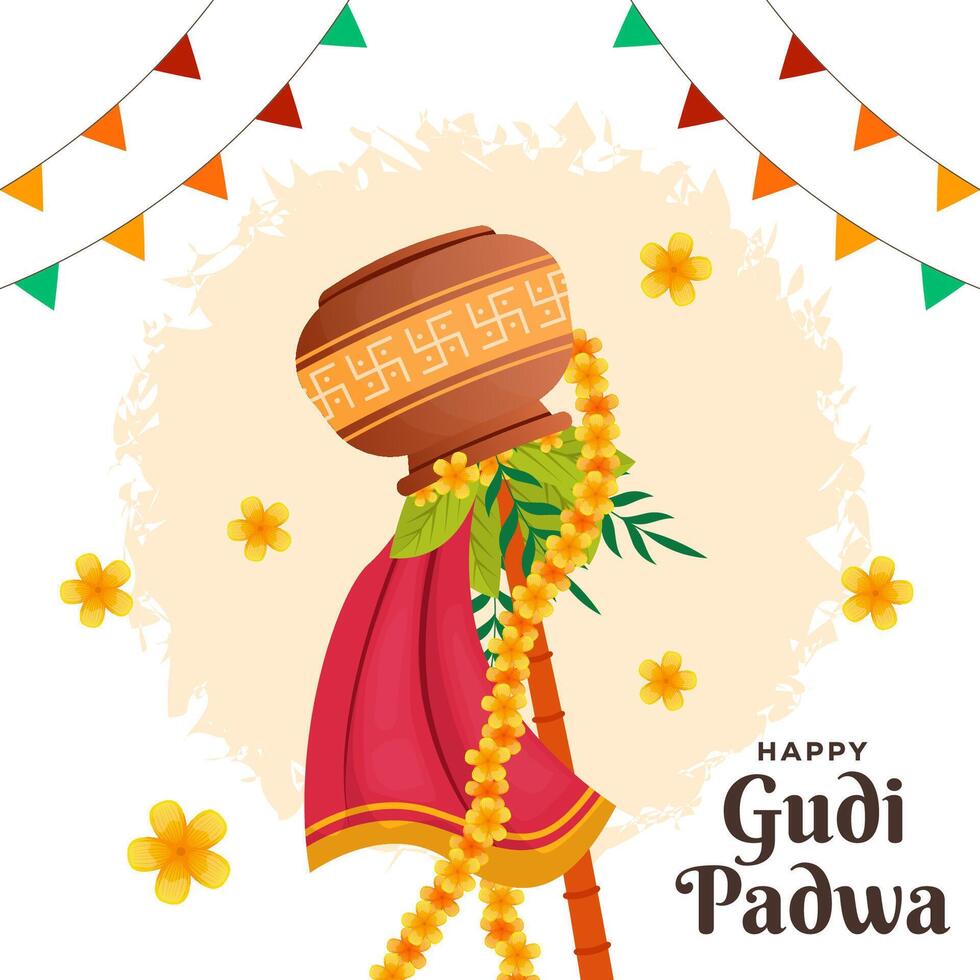 vector gudi padwa festival illustration with flowers and leaves
