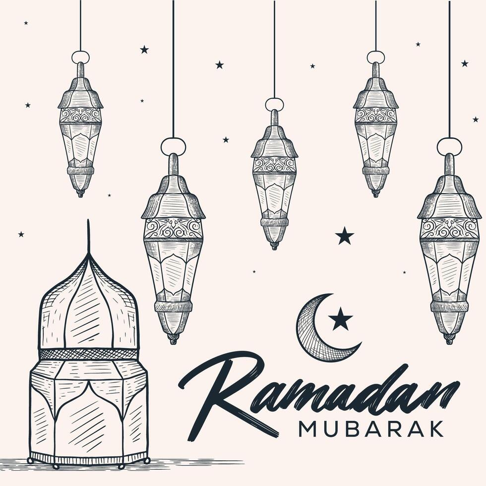 hand drawn ramadan mubarak illustration with lanterns vector