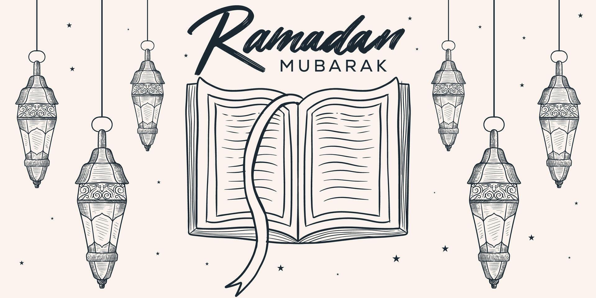 Ramadán Mubarak antecedentes ilustración en mano dibujado estilo con santo libros y linternas vector