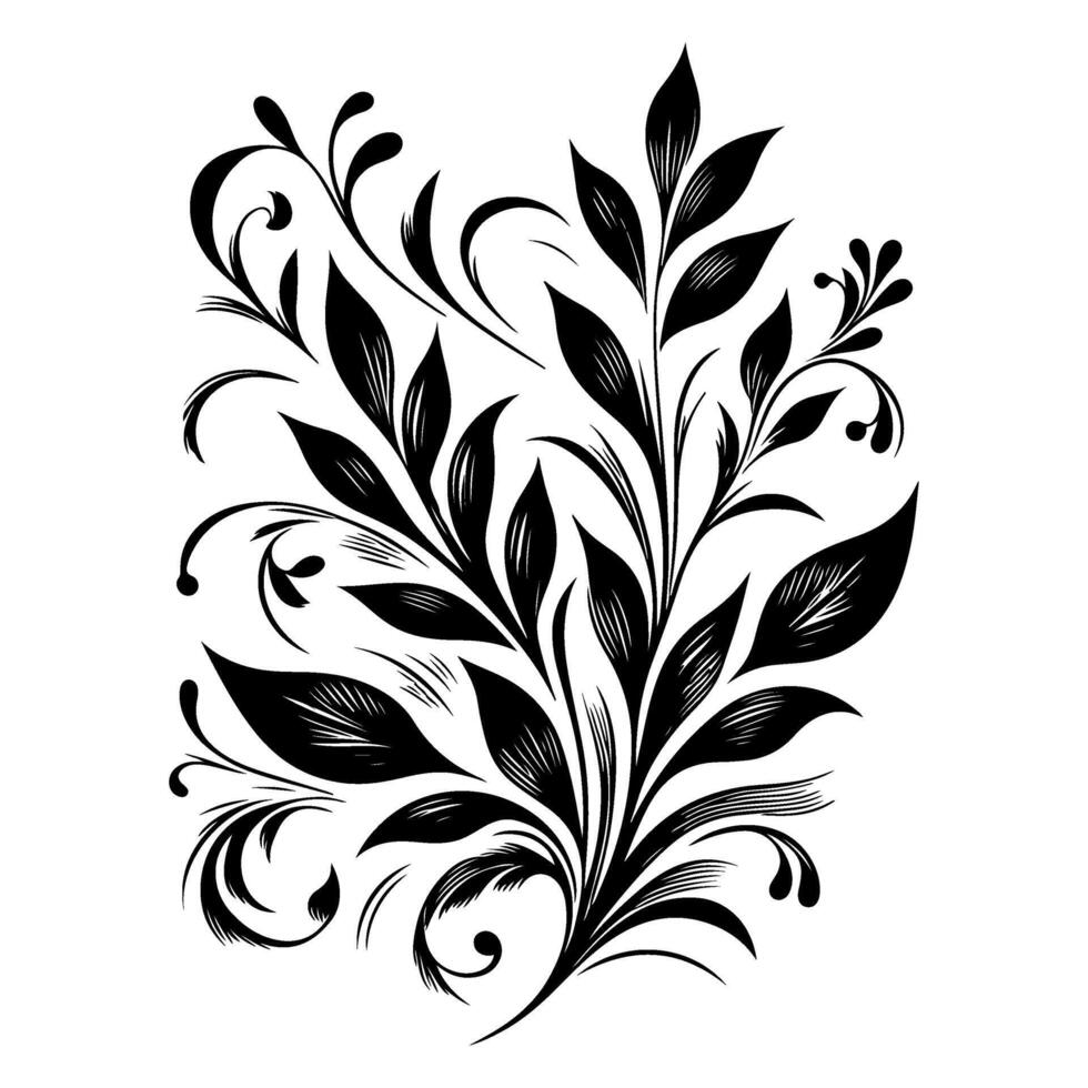 AI generated hand draw of beautiful floral ornament with leaves and abstract black lines monochrome Contour Flower. Floral Design Element vector