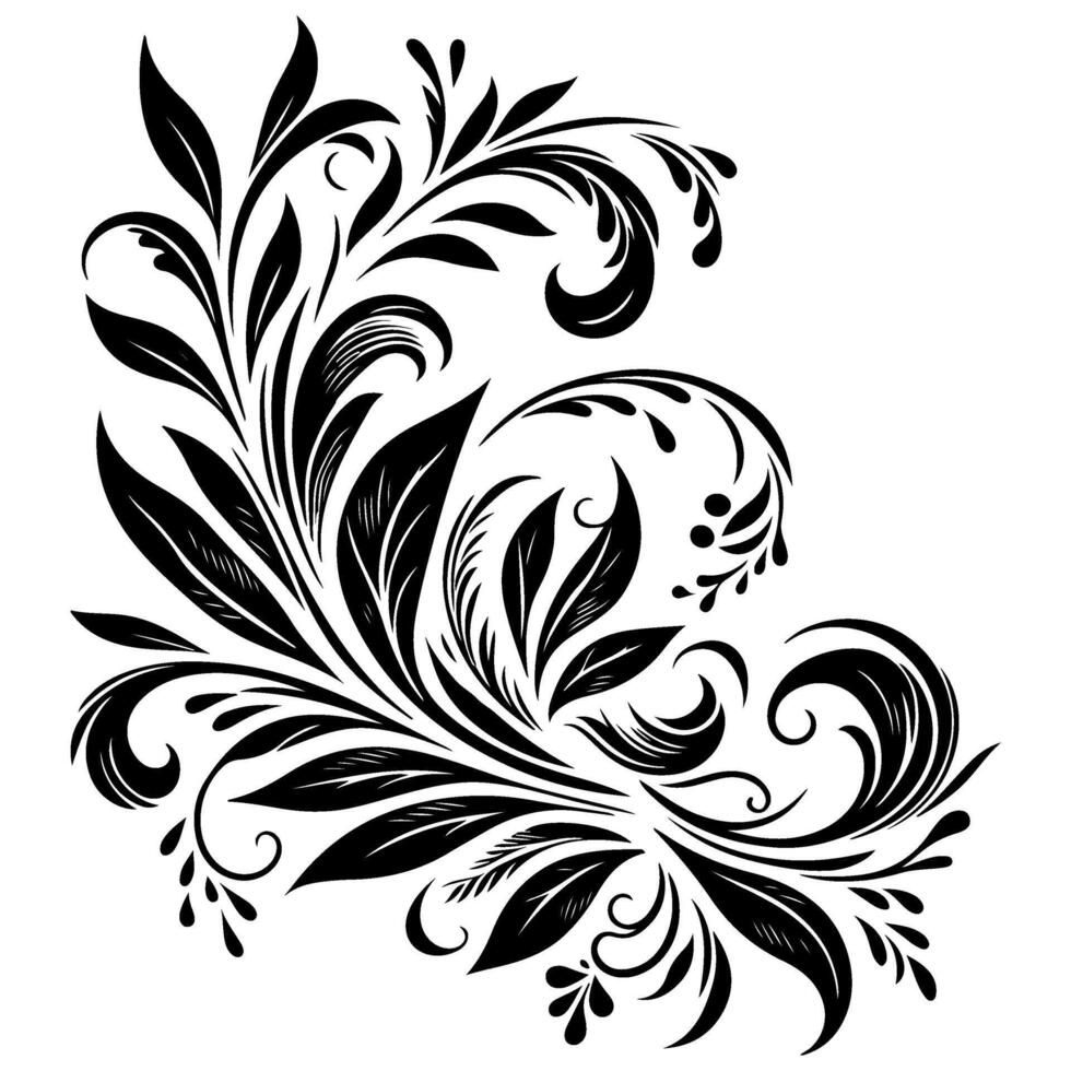 AI generated hand draw of beautiful floral ornament with leaves and abstract black lines monochrome Contour Flower. Floral Design Element vector