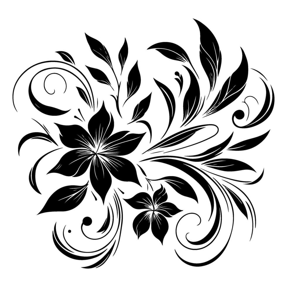 AI generated hand draw of beautiful floral ornament with leaves and abstract black lines monochrome Contour Flower. Floral Design Element vector