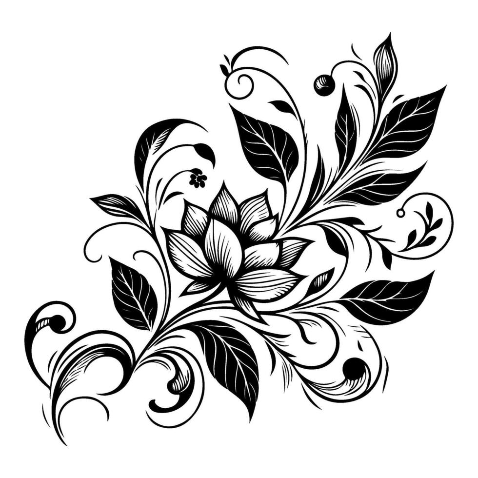 AI generated hand draw of beautiful floral ornament with leaves and abstract black lines monochrome Contour Flower. Floral Design Element vector