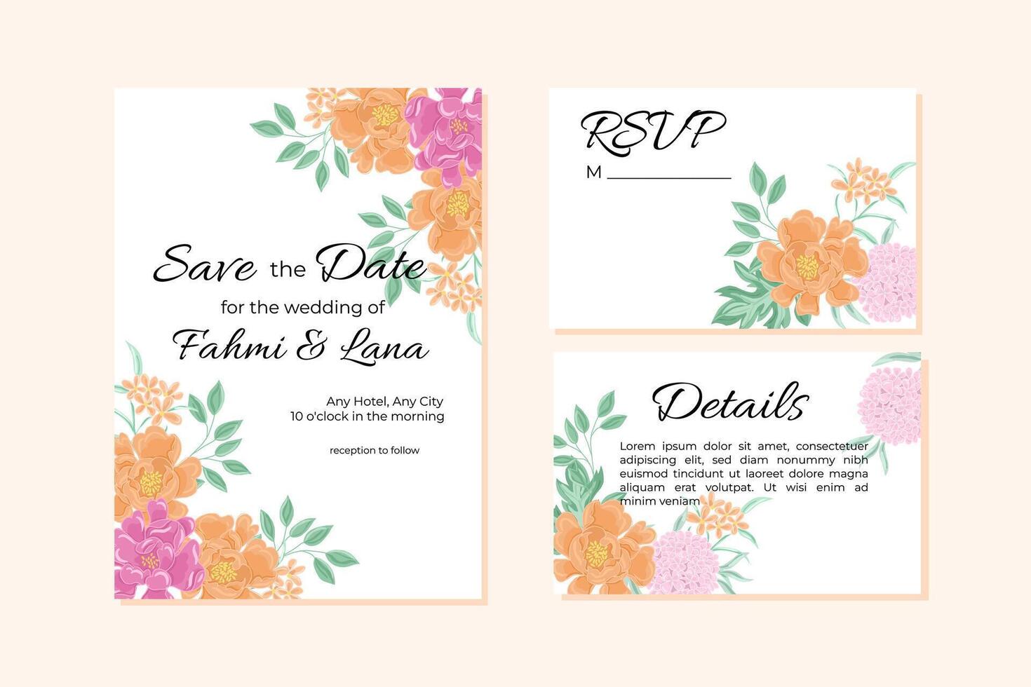 Rose and Hydrangea Flower Wedding Invitation Template vector