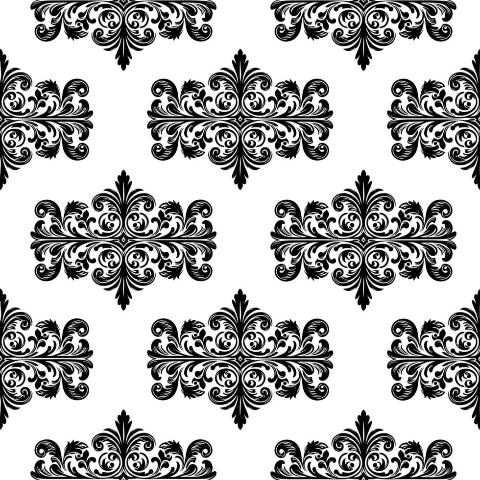AI generated Damask Fabric textile seamless pattern Luxury decorative  Ornamental floral divider Black line vintage decoration element white Background vector