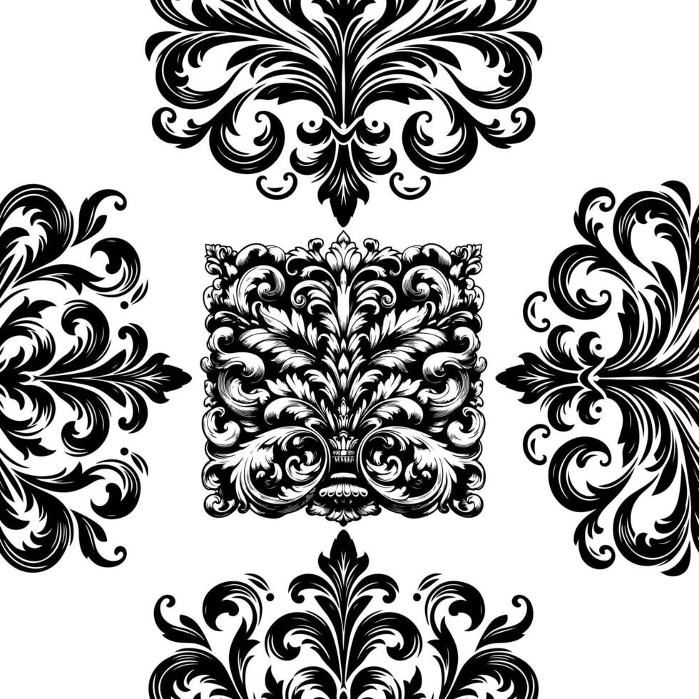 ai generado damasco tela textil sin costura modelo lujo decorativo ornamental floral divisor negro línea Clásico decoración elemento blanco antecedentes vector